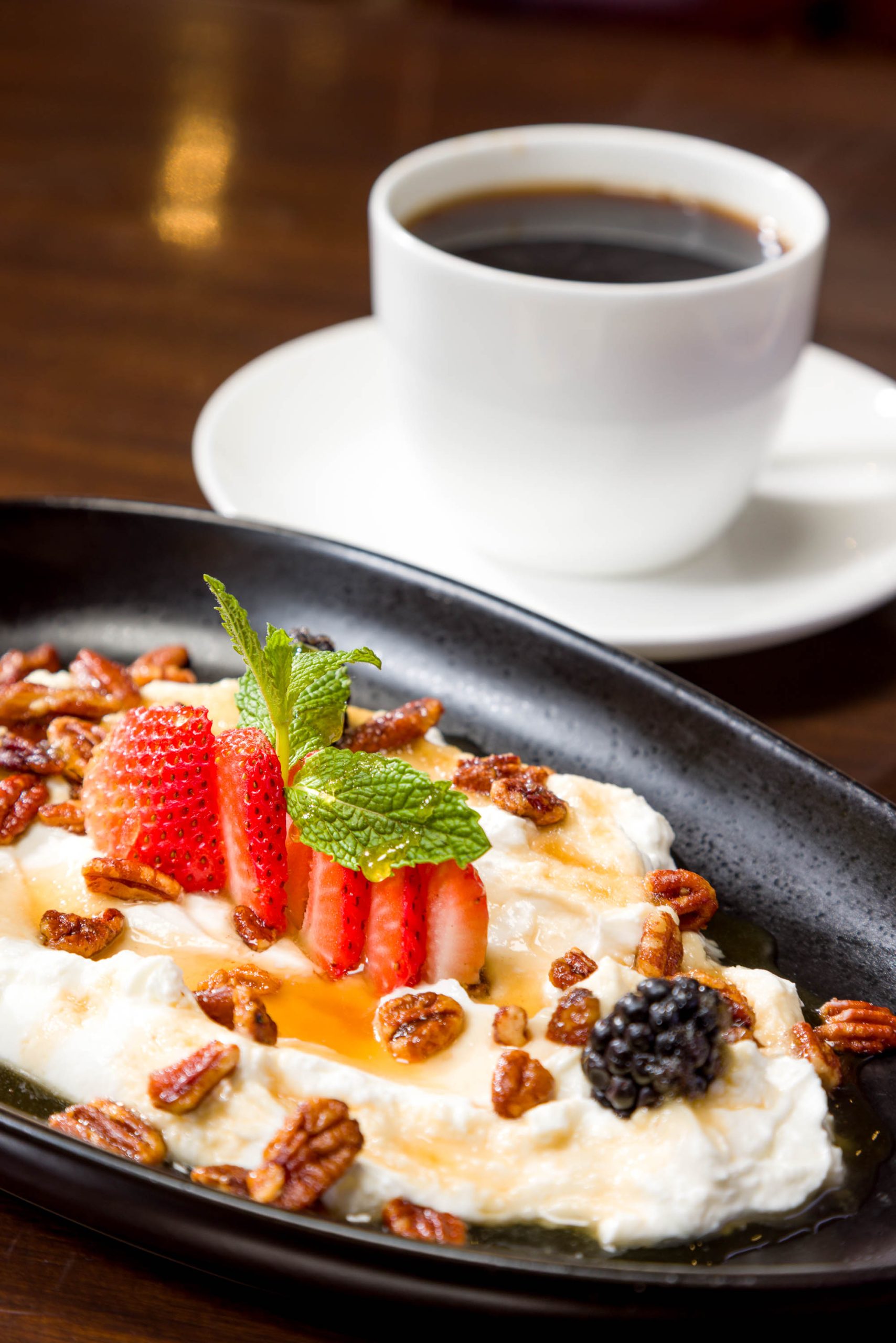 Greek Yogurt Parfait for breakfast with coffee